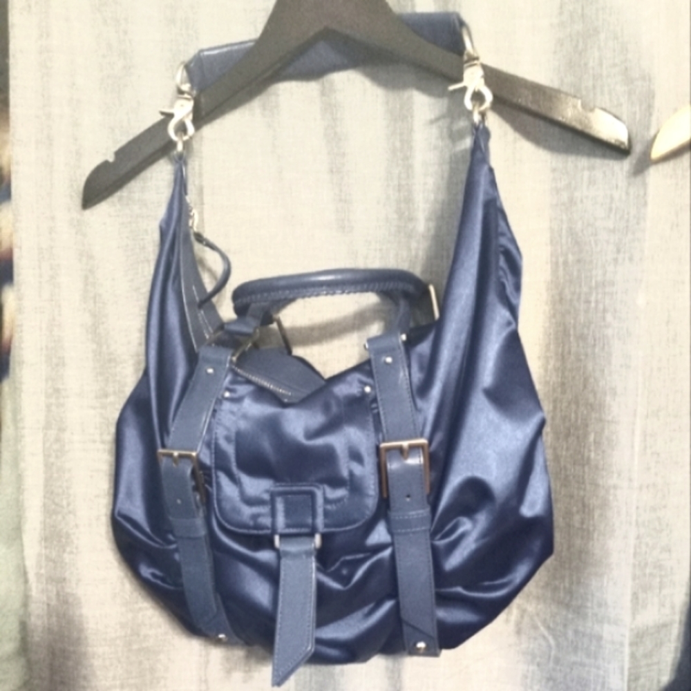 Botkier Sasha Mini New Blue Satin Leather Shoulder Bag  Satchal Silver Hardware